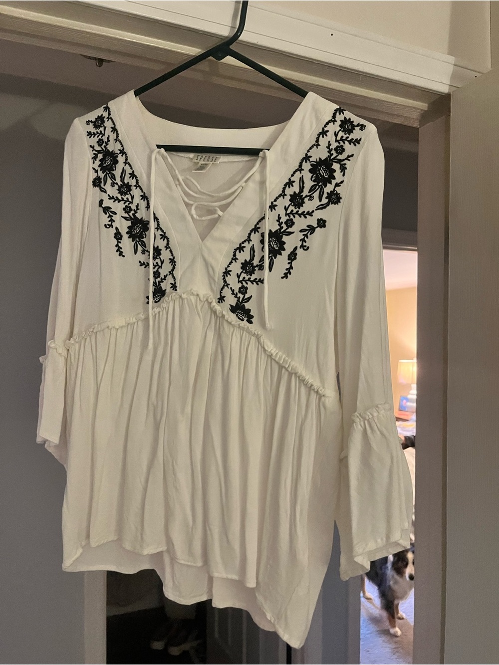 Spense White Boho Lace-Up Blouse with Black Floral Embroidery
